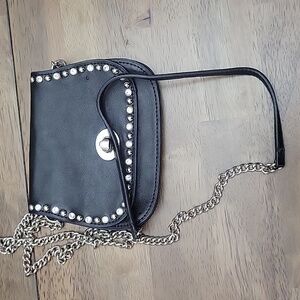 Leather Mini Bag with Rhinestones and Chain Strap